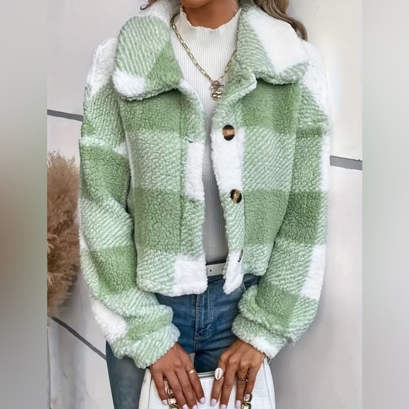 New Teddy Plaid Mint Green White Coat Button Front Long Sleeve Outerwear NWT - Picture 2 of 13